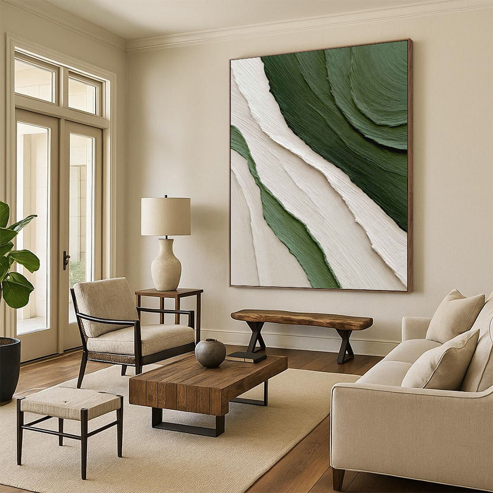 “Green & Beige Textured Waves” - Green, Beige, Layered Abstract Painting On Canvas PT1481