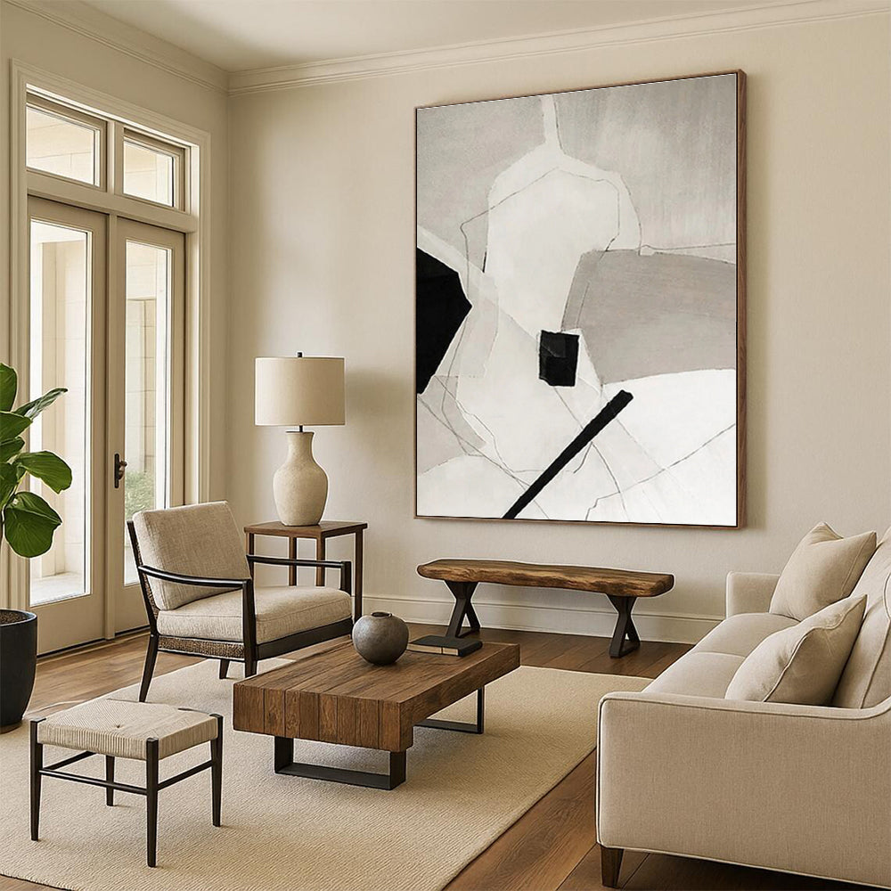 “Black - White Geometric Abstraction” - Black, White Abstract Geometric Painting On Canvas PS0559