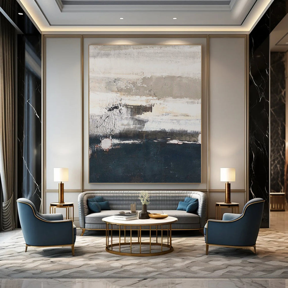 Gray, White, and Dark Blue Textured, "Moody Horizons" – Textured Abstract Painting On Canvas PS0984