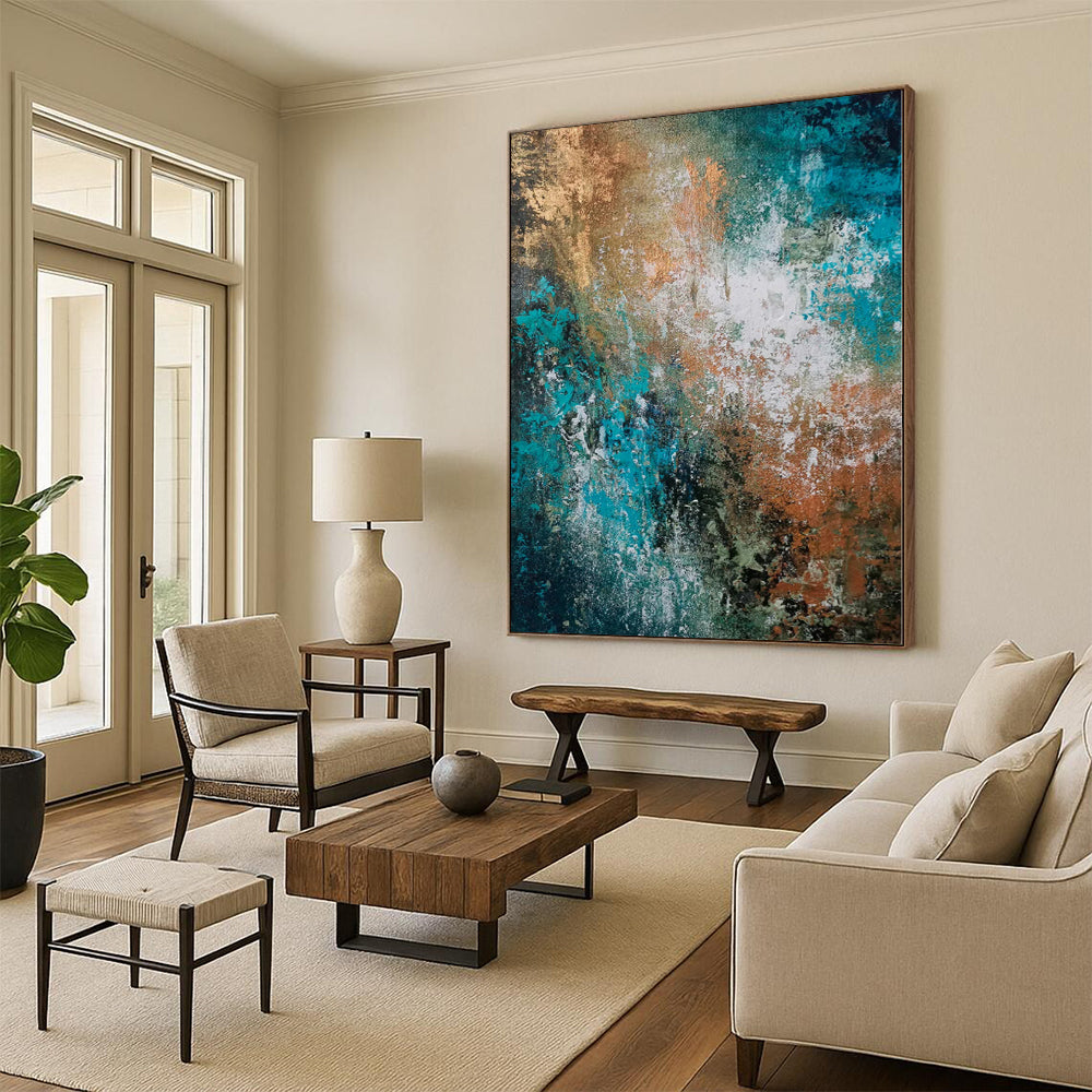 “Teal and Copper Abstract Fusion” - Abstract Impasto Painting On Canvas PS0019