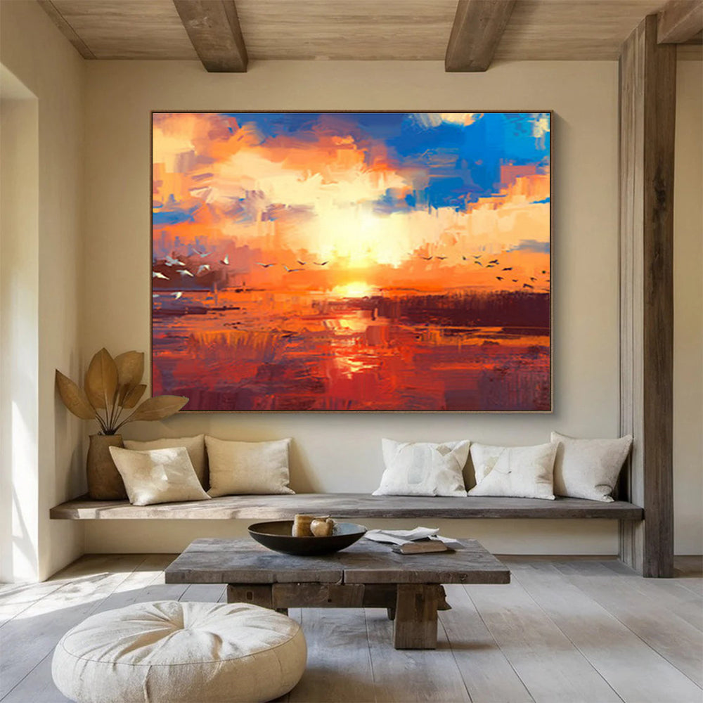 “Colorful Birds at Sunset Abstract” - Lively Landscape Painting On Canvas DKS387