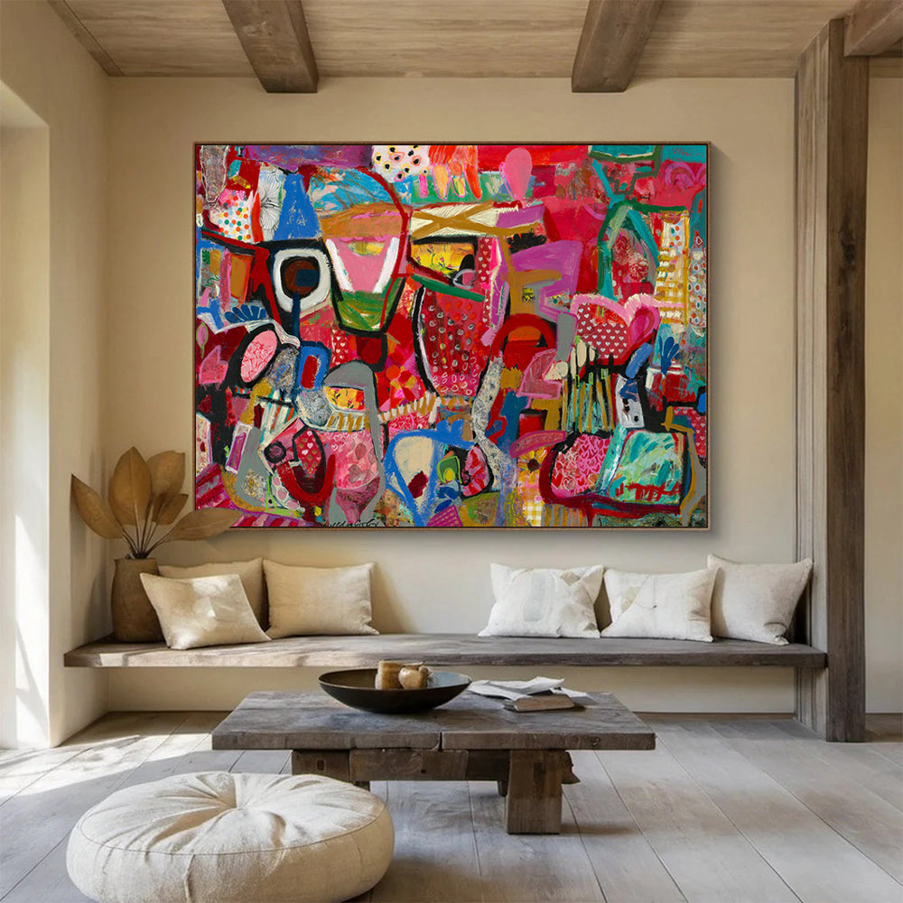 “Pink - Red Abstract Carnival” - Colorful Figurative Painting On Canvas PT239