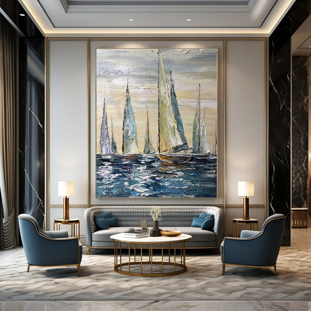 Blue, White, Beige with Sailboats "Sailboat Serenade" Impressionist Painting On Canvas PS1302