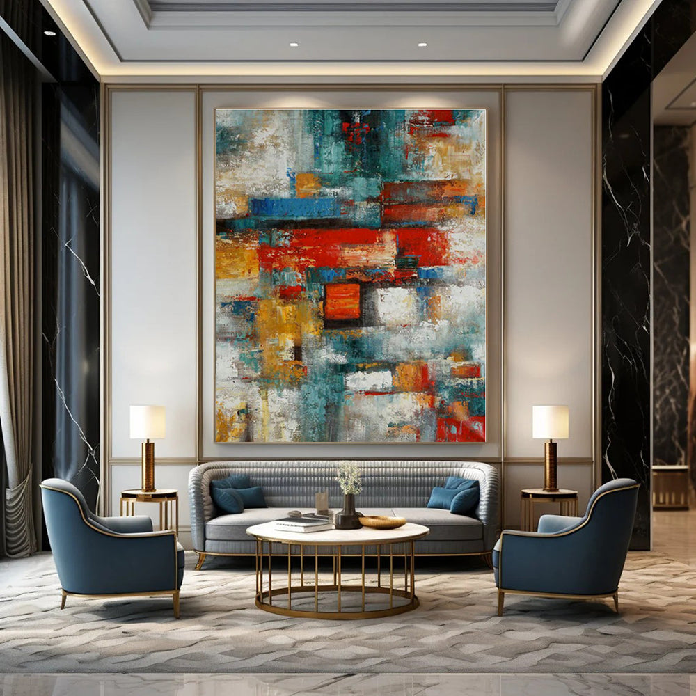 Colorful Geometric Blocks "Vibrant Cityscape" Abstract Painting On Canvas PS1395