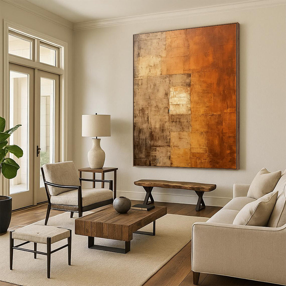 “Brown - Orange Abstract Textured Squares” - Rustic Abstract Painting On Canvas PS0338