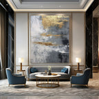 Gray, Gold, White with Textured Abstract "Gilded Grayscale" Abstract Painting On Canvas PS1260