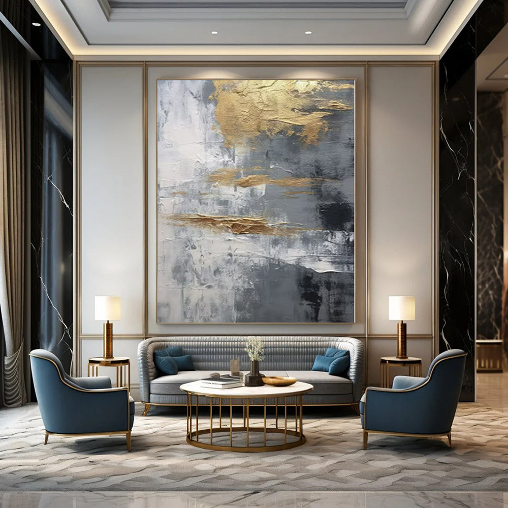 Gray, Gold, White with Textured Abstract "Gilded Grayscale" Abstract Painting On Canvas PS1260