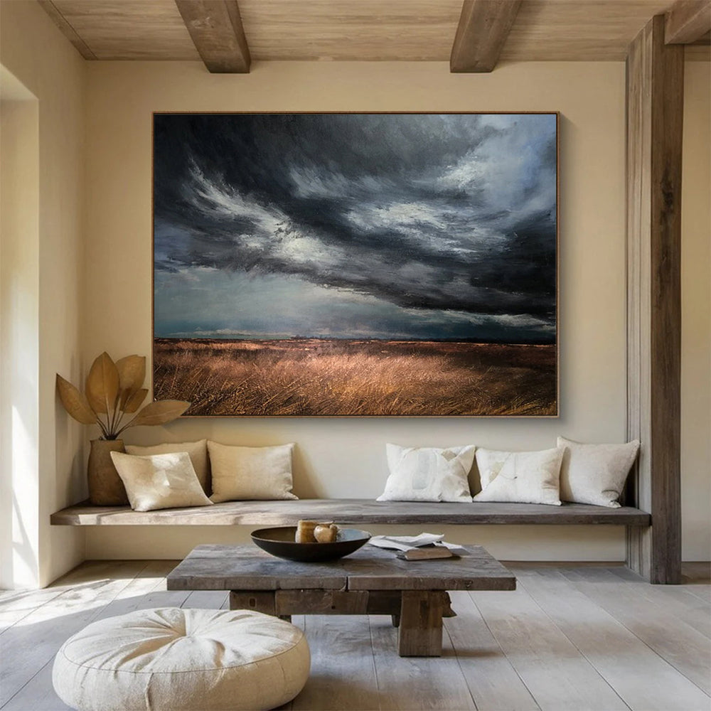“Stormy Field Sky” - Gray, Brown & Gold Landscape, Realist Oil Painting On Canvas DKS772