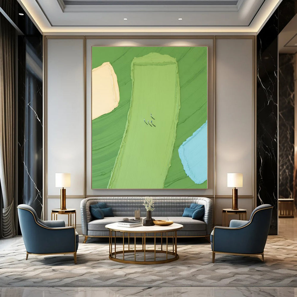 Green, Yellow, Blue with Small Figures "Colorful Fields" Abstract Painting On Canvas PS1354