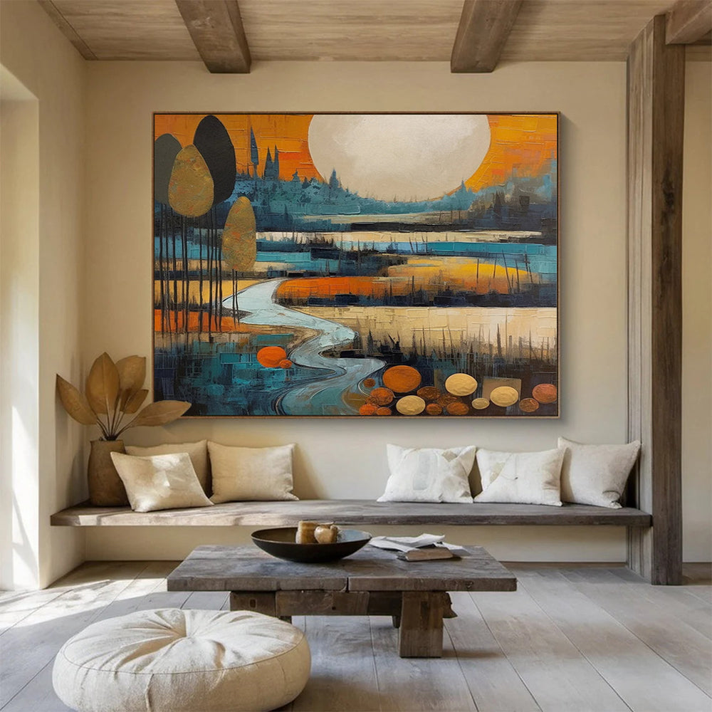 “Color - Blocked Landscape with River and Moon” - Cubist Landscape Painting On Canvas PT086