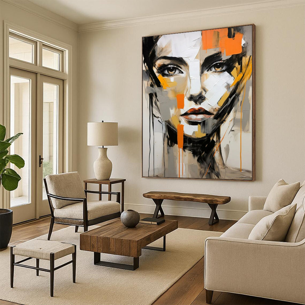 “Abstract Face with Orange Accents” - Contemporary Expressionist Painting On Canvas PT2215