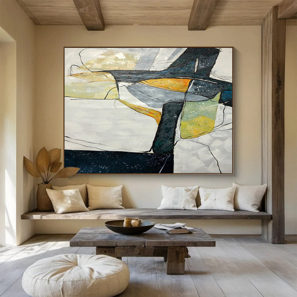 “Geometric Abstract Coastal in Blacks, Whites & Colors” - Modern Cubist - Inspired Oil Painting On Canvas PT038