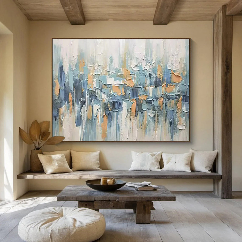 “Urban Rhythms” - Blue, Gray & Orange Abstract Cityscape, Textured City Oil Painting On Canvas DKS685
