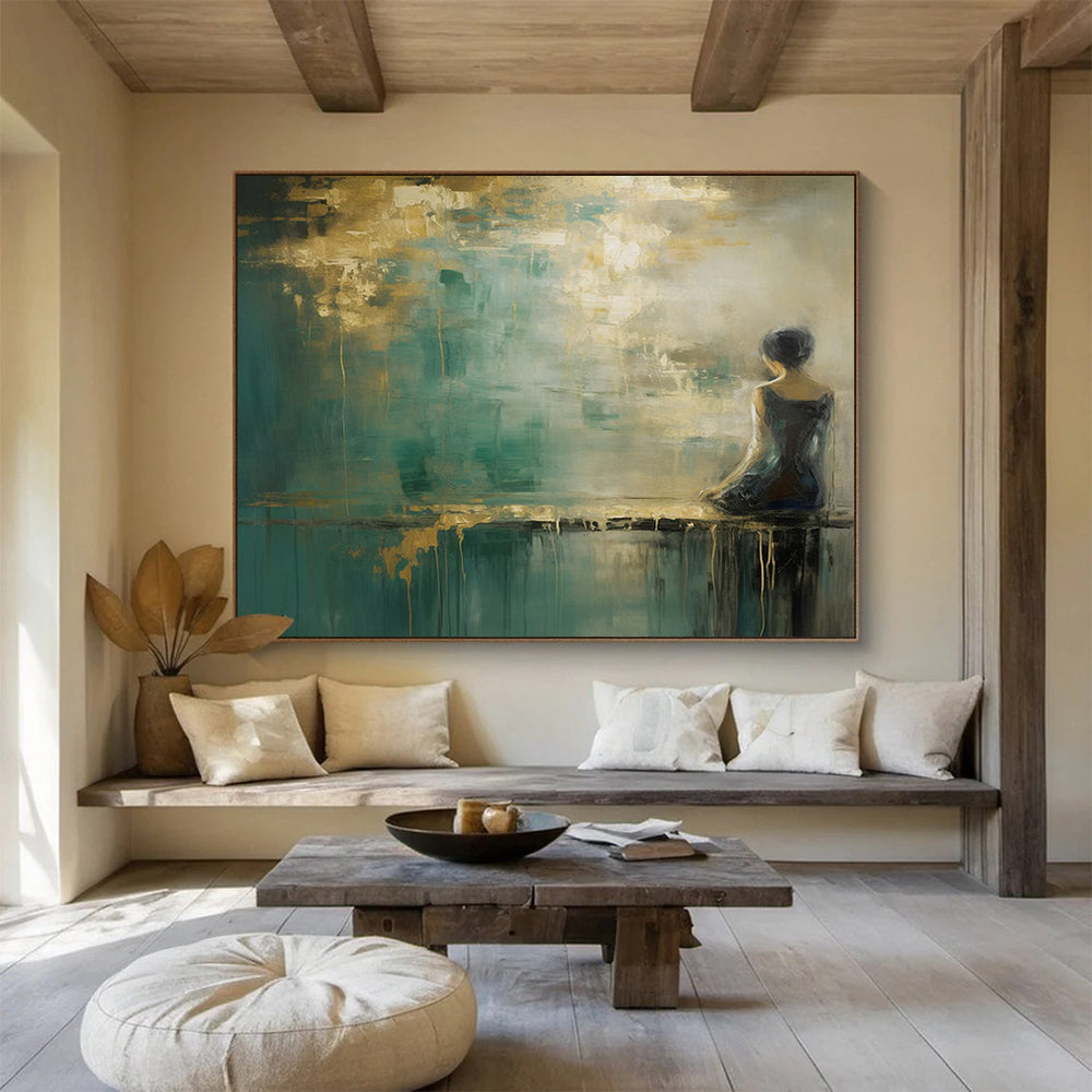 “Woman by the Water in Teal and Gold” - Impressionistic Figurative Painting On Canvas PT087