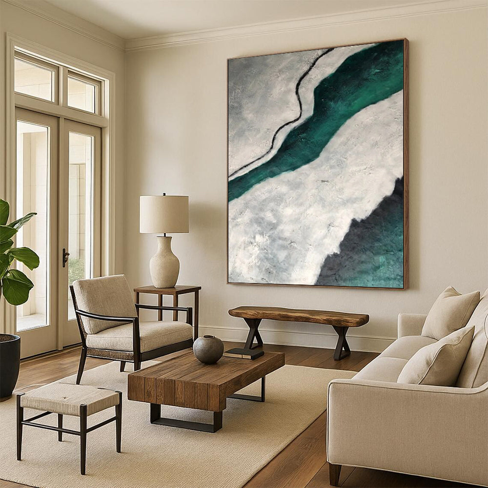 “Teal River Through Grey Lands: Textured Abstract Painting” - Landscape - Inspired Abstract Painting On Canvas DS403