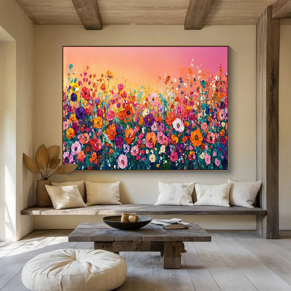 Rainbow Meadow - Vibrant Floral Oil Painting, Great for Game Room & Outdoor Lounge DKS680