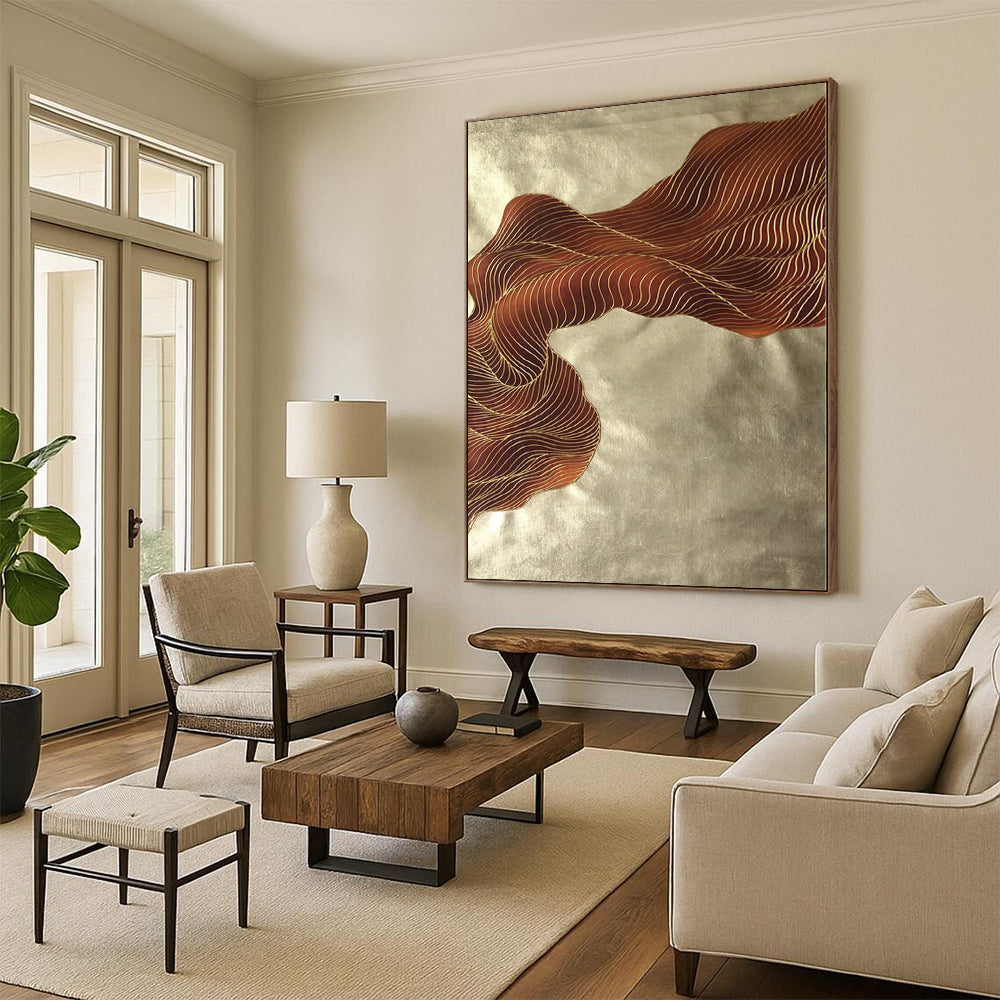 “Brown - Gold Abstract Flowing Ribbons” - Opulent Abstract Painting On Canvas PS0347