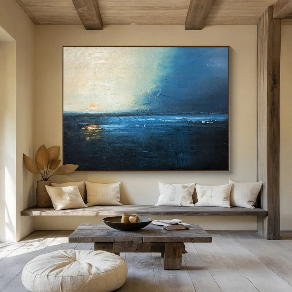 Midnight Blue Sea: Dark Blue, Gray & Orange Abstract Landscape Painting for Nautical Bedroom & Poetry Corner DKS647