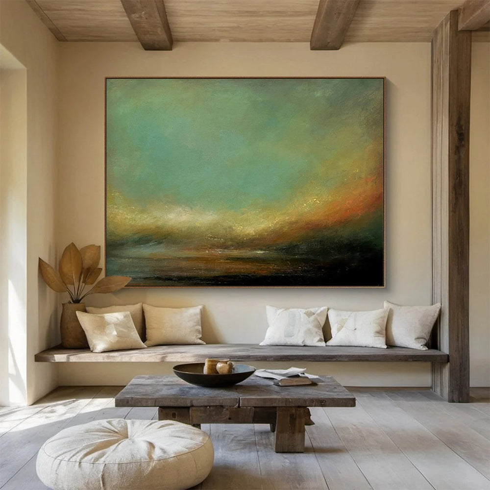 “Subtle Color Transition” - Green, Orange & Black Landscape, Impressionistic Oil Painting On Canvas DKS778
