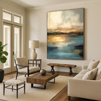 “Golden Horizon” - Blue, Gold, Gray Abstract Landscape Painting On Canvas PS0621
