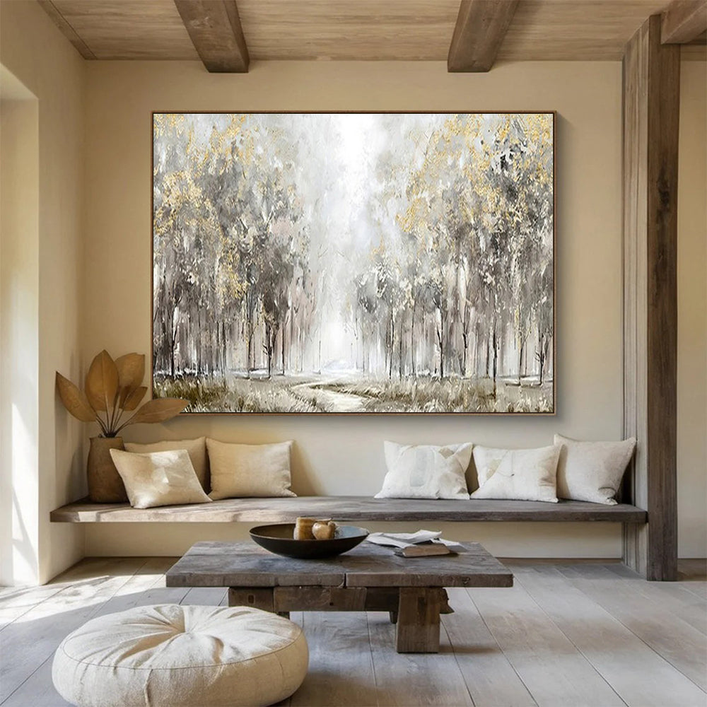 “Misty Golden Forest” - Gray, Gold & Green Landscape, Impressionistic Oil Painting On Canvas DKS737