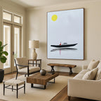 “Yellow Moon & Red Figure on Black Boat” - Minimalist Ink Painting On Canvas PT2163