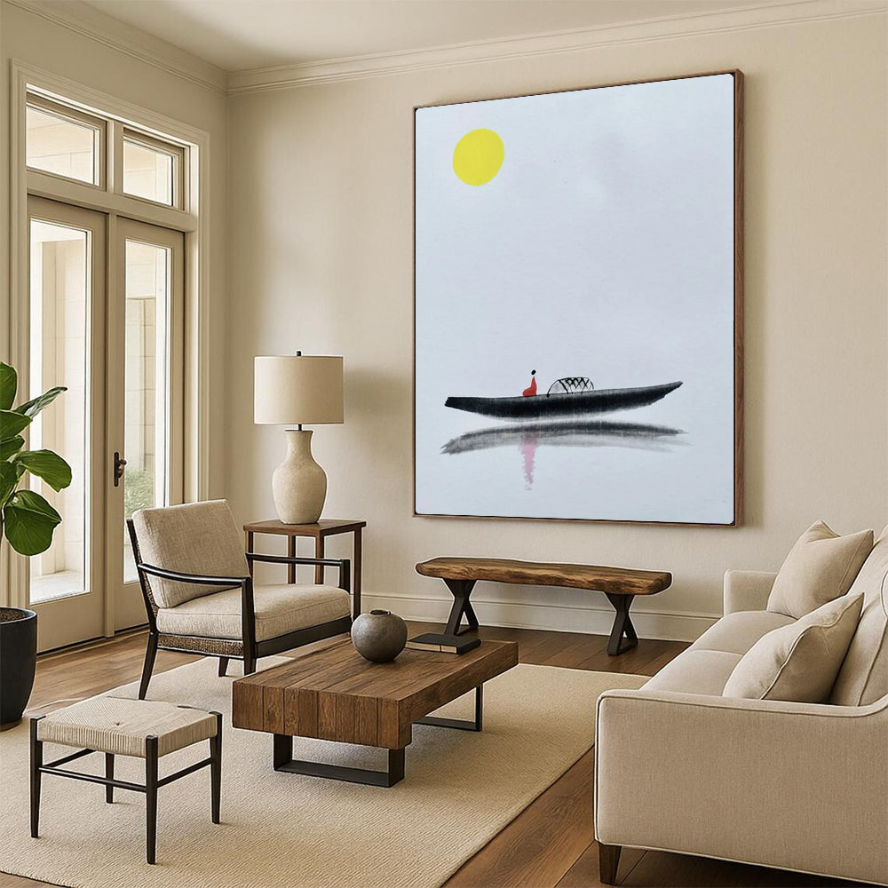 “Yellow Moon & Red Figure on Black Boat” - Minimalist Ink Painting On Canvas PT2163