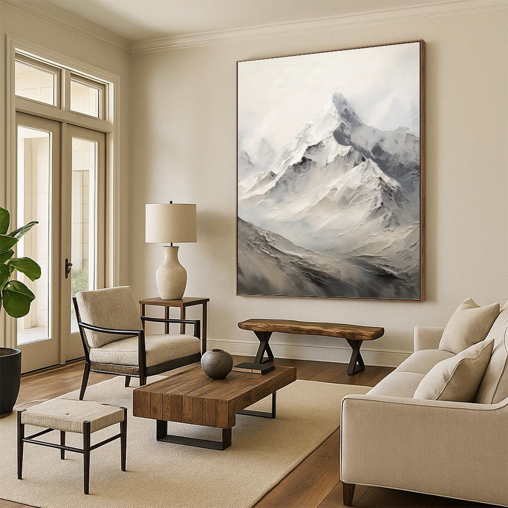 “White - Grey Mountain Peaks” - Impasto Landscape Painting On Canvas PT1256