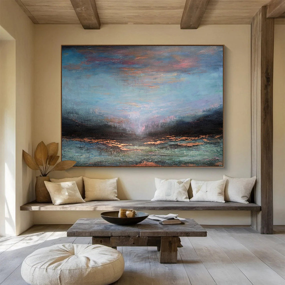 “Colorful Dusk Reflection” - Blue, Pink & Orange Seascape, Impressionistic Oil Painting On Canvas DKS780