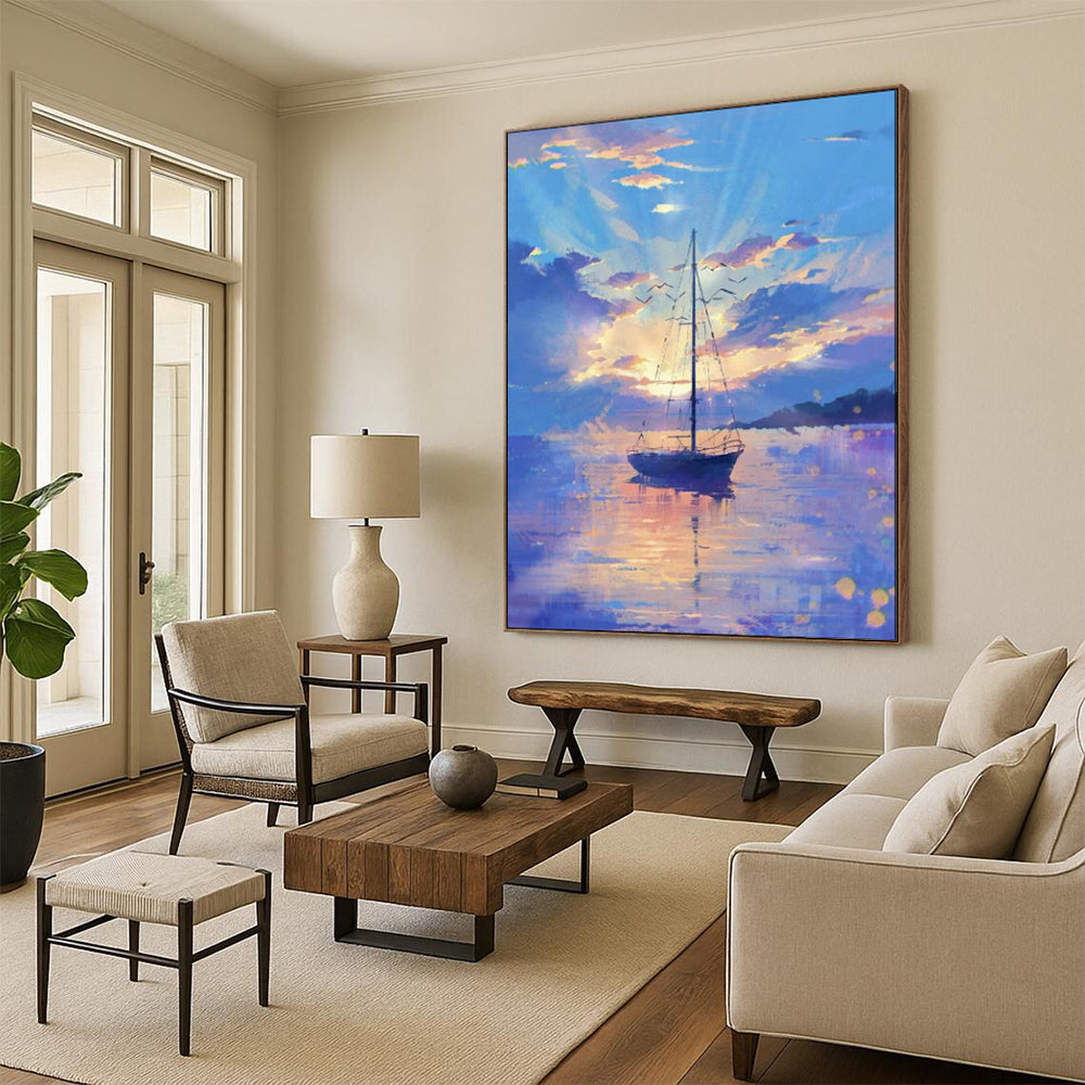 “Pastel - Hued Sailboat at Sunset” - Impressionist Seascape Painting On Canvas PT1893
