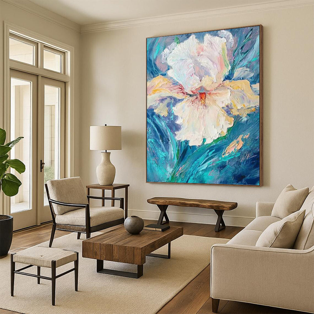 “White Flower: Textured Impasto on Blue” - Impressionistic Floral Painting On Canvas PT0942