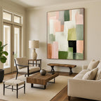 “Blush and Green Geometric Abstract” - Minimalist Geometric Painting On Canvas PT2260