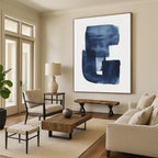 “Indigo Brushstroke Monogram” - Indigo, White Abstract Calligraphic Painting On Canvas PS0749