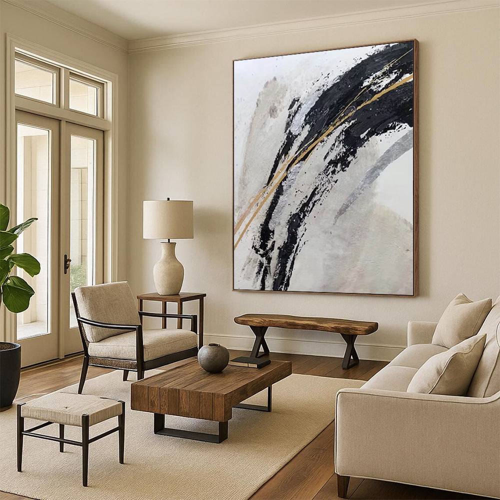 “Black, Gold & Silver Abstract” - Dramatic Contrast with Metallic Shimmers Painting On Canvas DS249