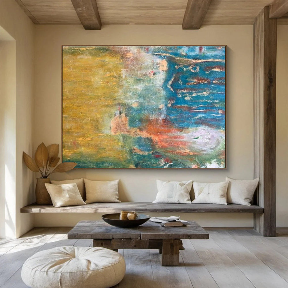 “Color Fusion Landscape” - Yellow, Blue & Green Abstract, Textured Oil Painting On Canvas DKS721