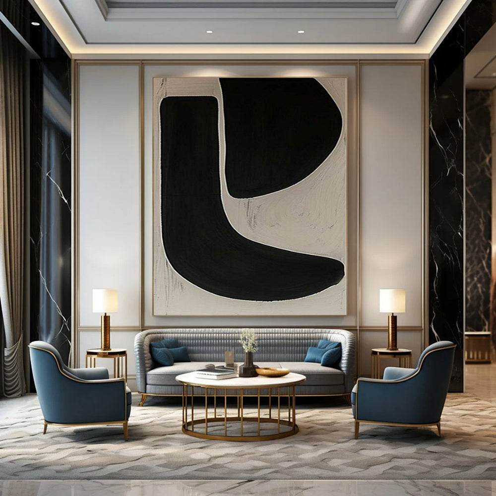 Black and White with Bold Curved Forms "Monochrome Flow" Abstract Painting On Canvas PS1106