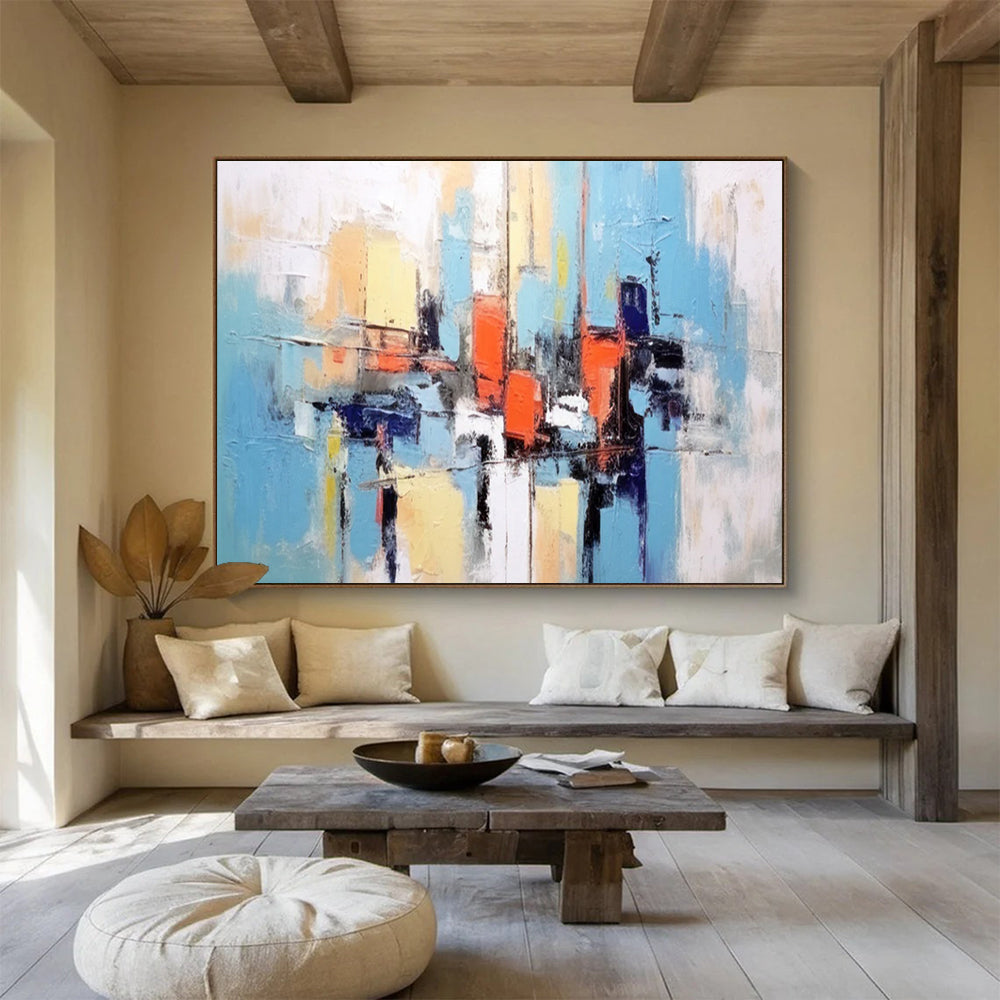 “Abstract City in Blue, Orange, and Yellow” - Modern Urban Painting On Canvas PT068