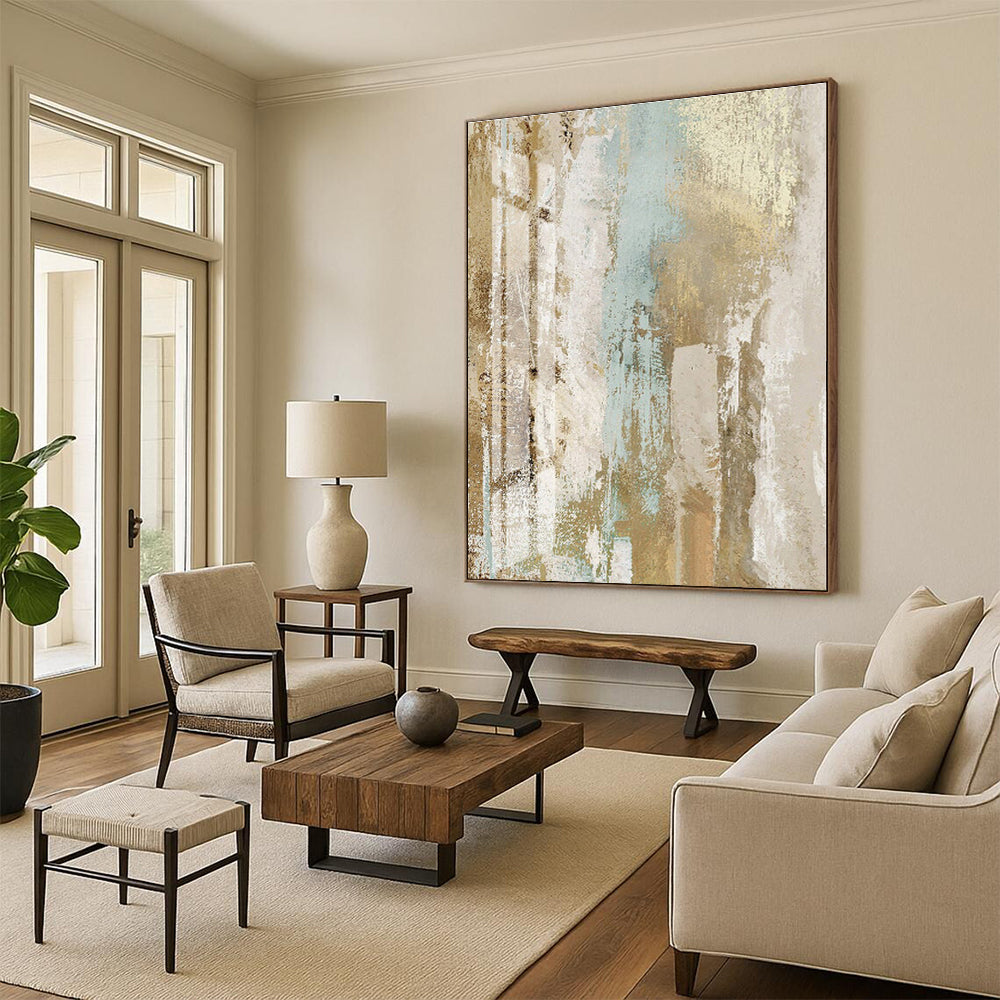 “Beige - Blue Textured Abstract” - Beige, Blue Abstract Textured Painting On Canvas PS0434