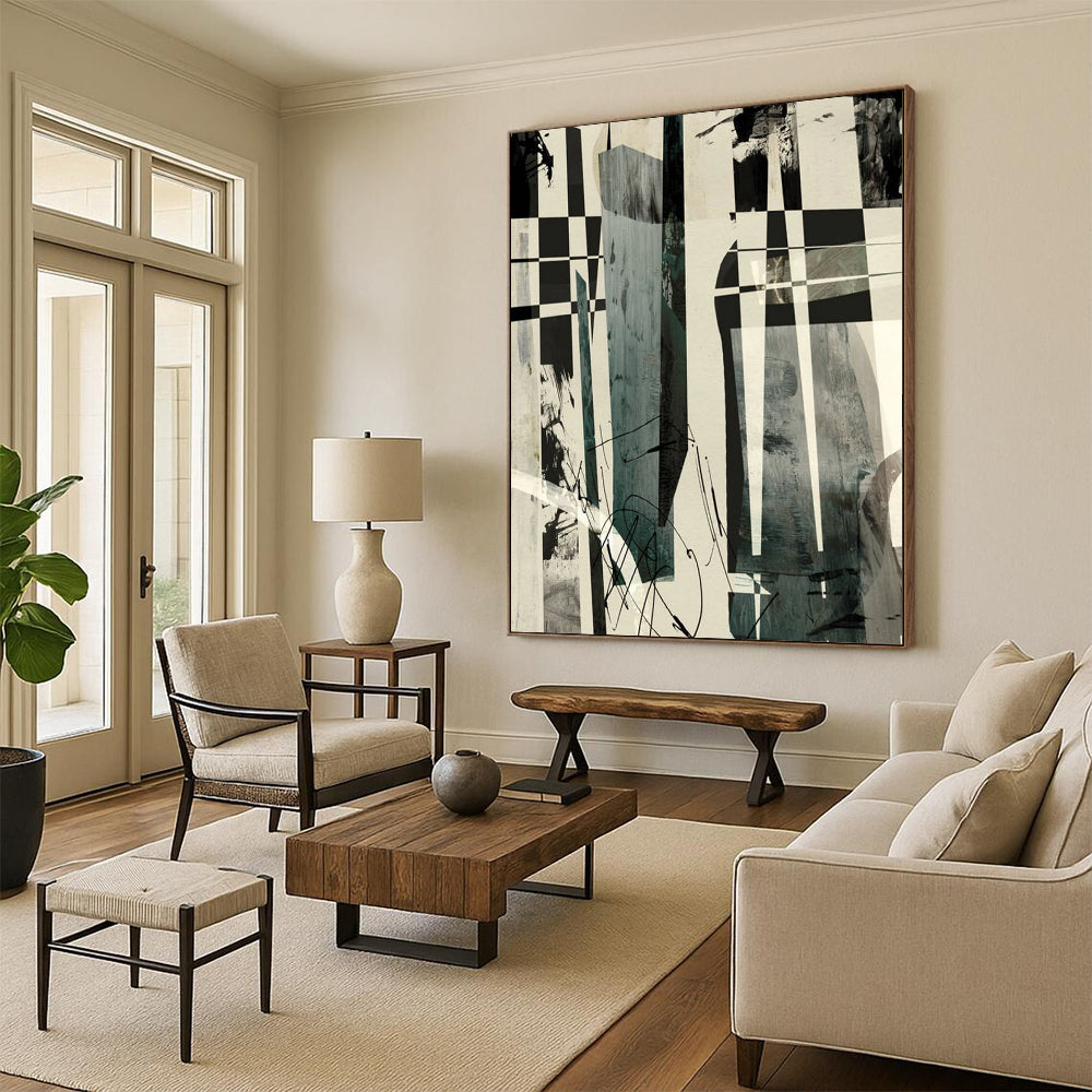 “Checkerboard & Abstract Forms” - Black & White with Dynamic Shapes Painting On Canvas DS218