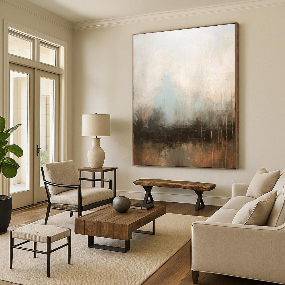 “Neutral - Toned Abstract Landscape” - Beige, Blue, Brown Abstract Painting On Canvas PS0450