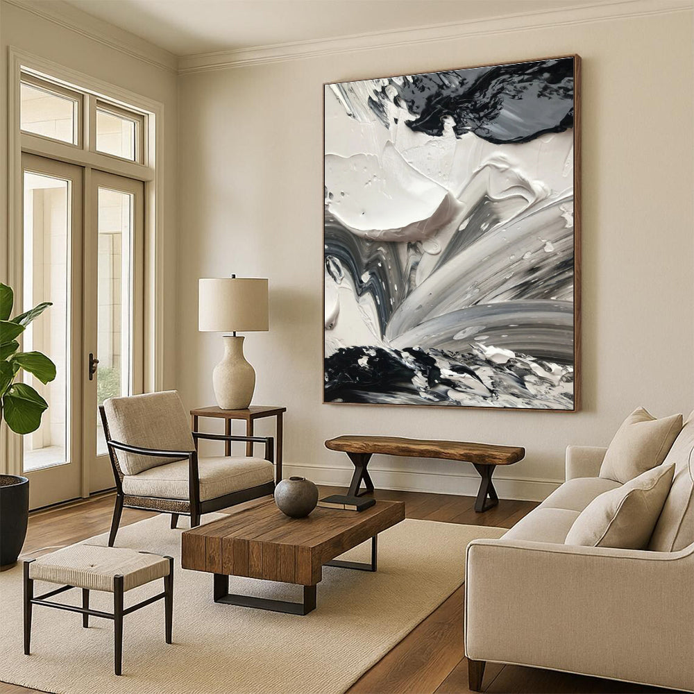“Dynamic Black - White Textures” - Black, White Abstract Expressionist Painting On Canvas PS0713