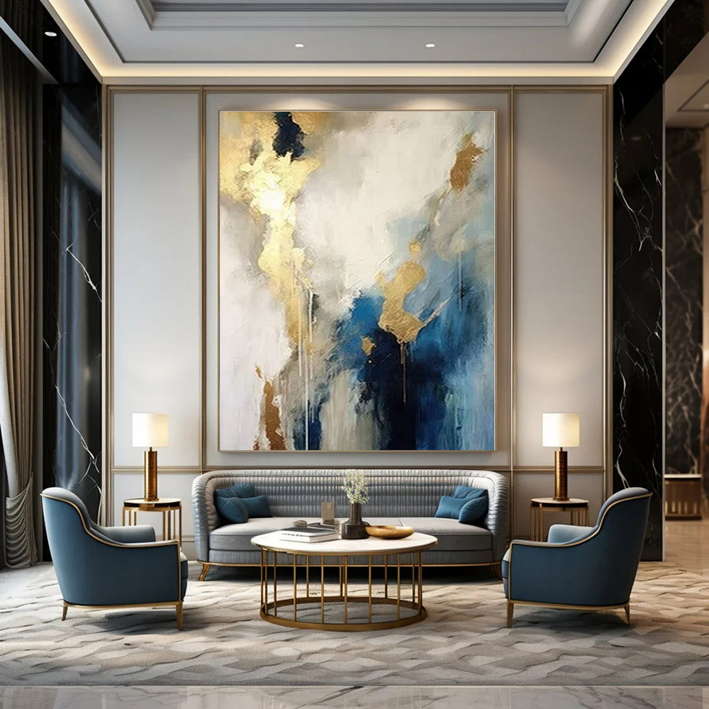 Blue, White, and Gold Abstract Echo - Repeated Flowing Color Painting On Canvas PS1240