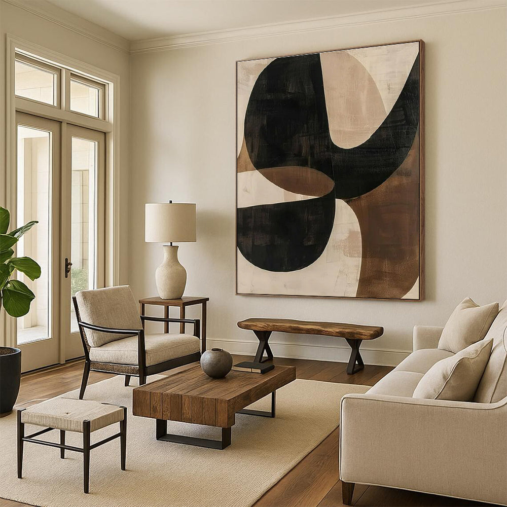 Black, Beige & Brown Geometric Abstract "Fluid Geometry" Painting On Canvas PS0869