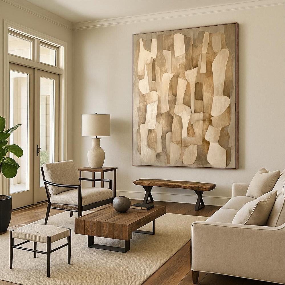 “Beige - Brown Abstract Shapes” - Abstract Geometric Painting On Canvas DS021