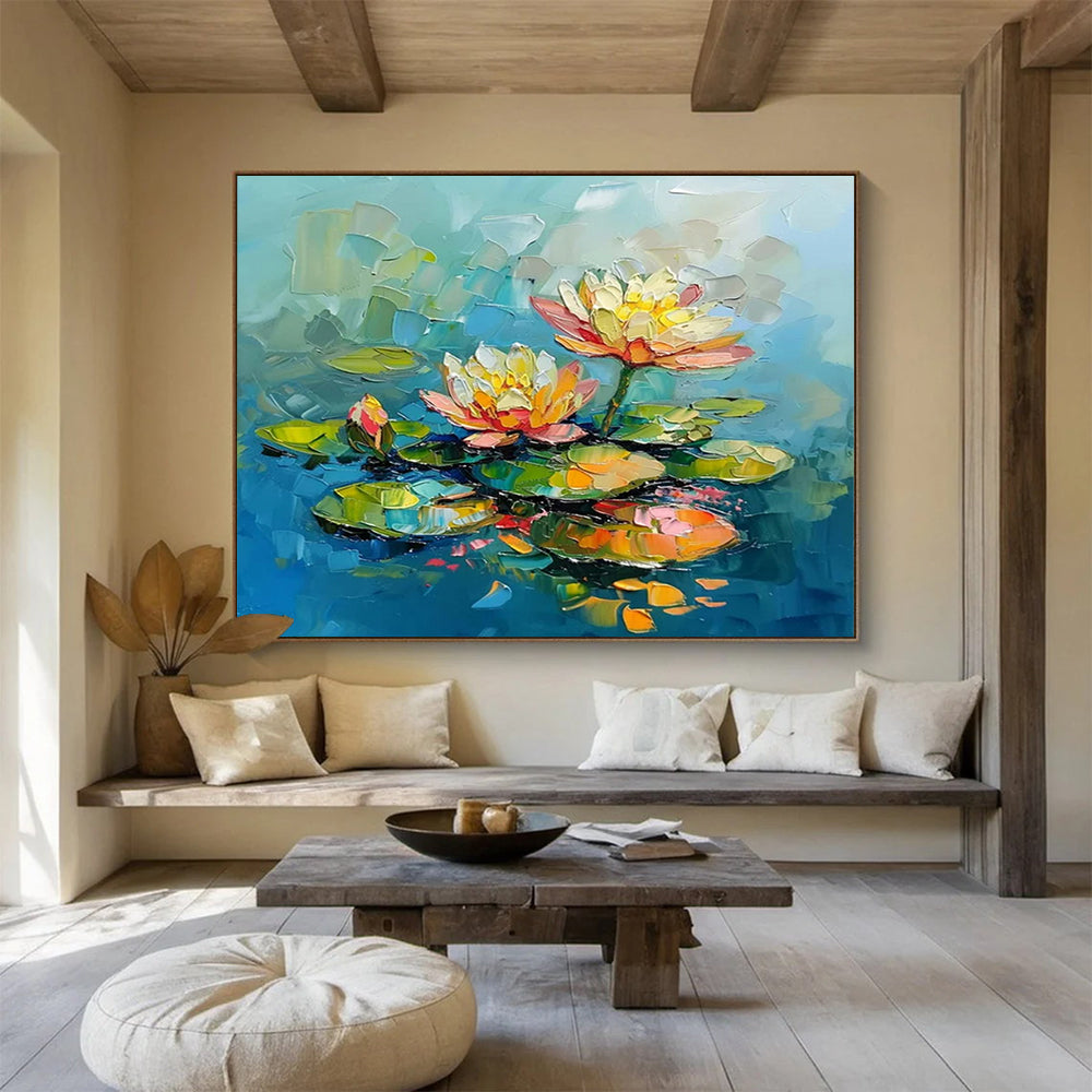 “Colorful Water Lilies” - Impasto Floral Painting On Canvas PT088