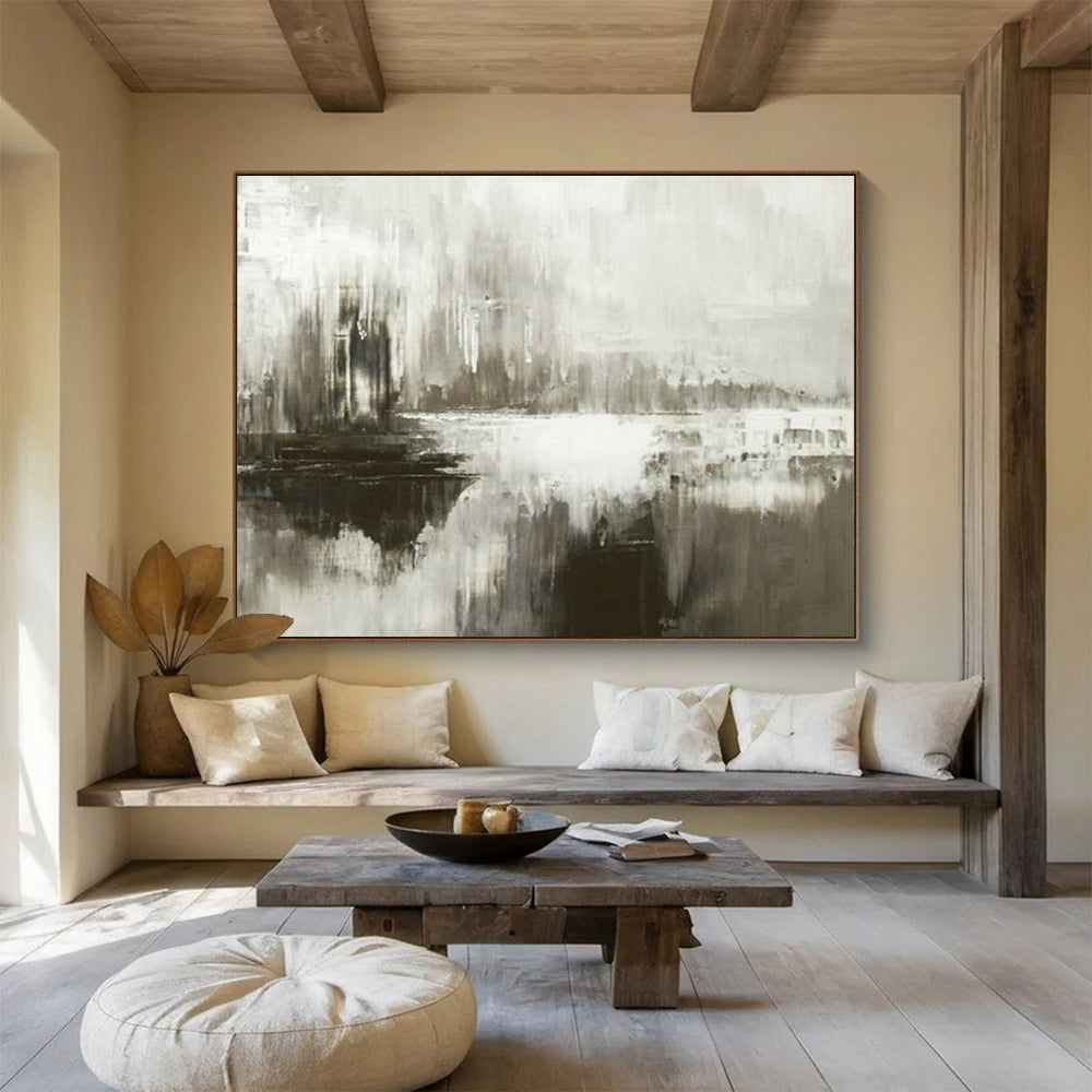 “Gray - White Abstract Horizon” - Muted Tones “Foggy Shore” Painting On Canvas PT1672