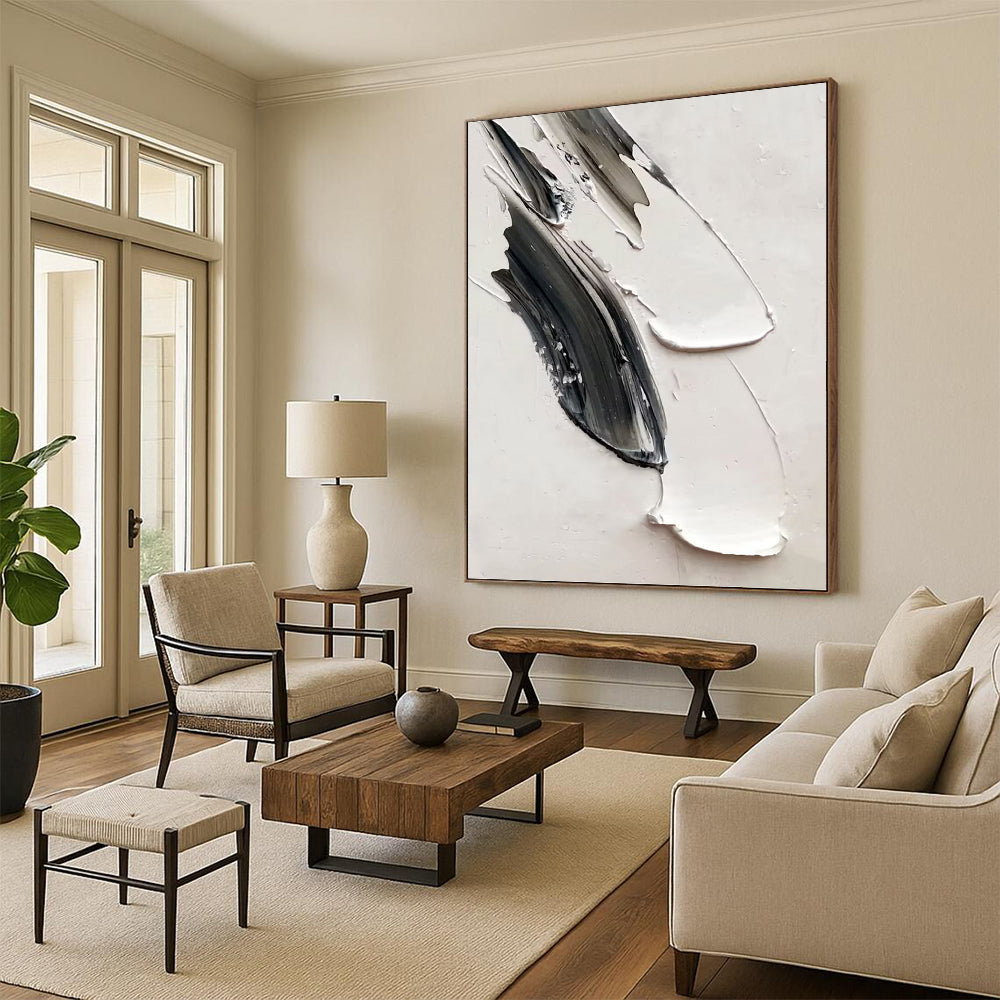 “Black and White Textured Strokes” - Abstract, Tactile - Styled Painting On Canvas PT1669