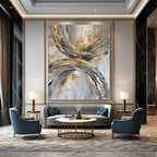 Gray, Gold, White with Circular Textures "Gilded Orbits" Abstract Painting On Canvas PS1266