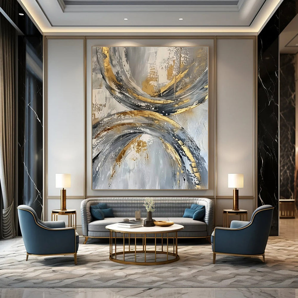 Gray, Gold, White with Circular Textures "Gilded Orbits" Abstract Painting On Canvas PS1266