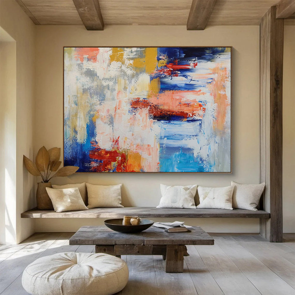 Color Clash: Blue, Yellow, Red & Gray Abstract Expressionist Painting for Art Gallery & Creative Hub DKS646